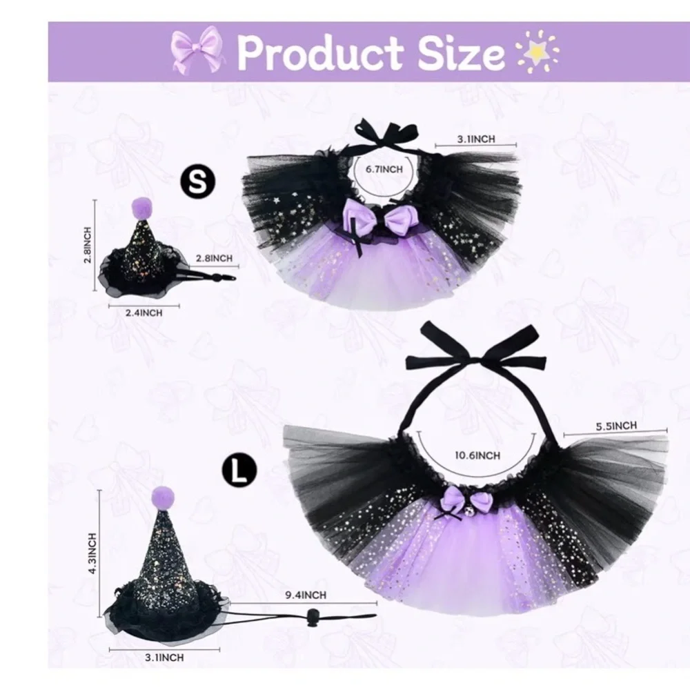 Witch Costume for Cat Kitten, size Medium ,Witch's Hat & Black Tutu Skirt